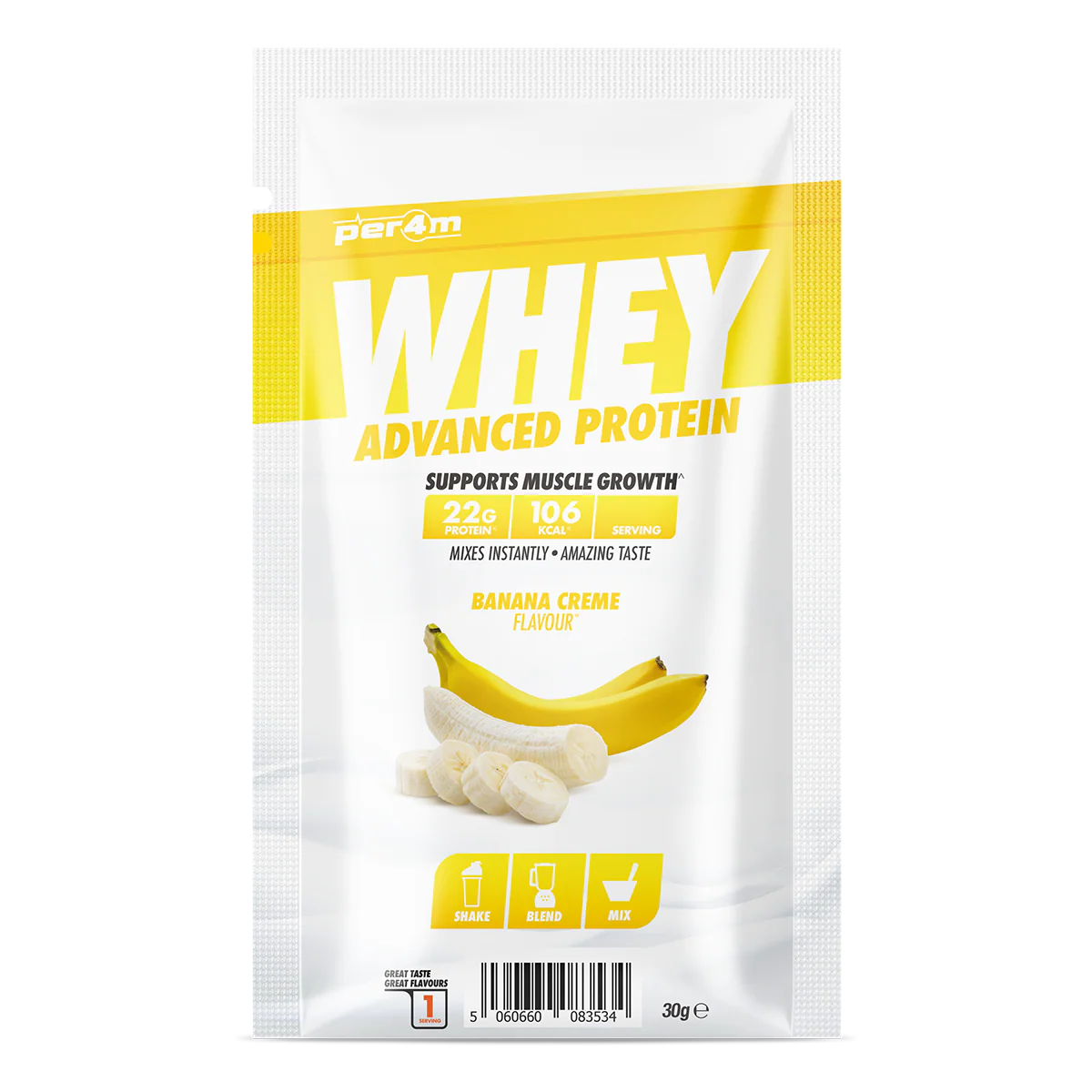 PER4M Advanced Whey Protein sample sachet Banana Creme flavour 30g