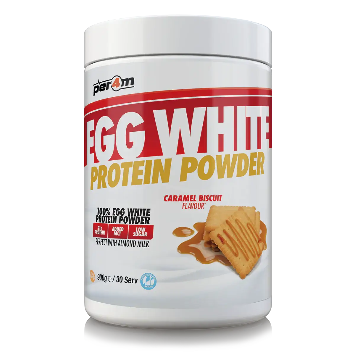 PER4M Egg White Protein Powder 900g with caramel biscuit flavor in a white container for high-protein nutrition.