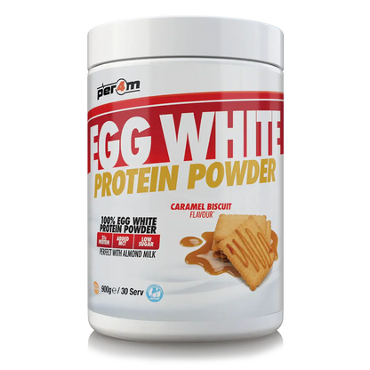 PER4M Egg White Protein Powder 900g with caramel biscuit flavor in a white container for high-protein nutrition.