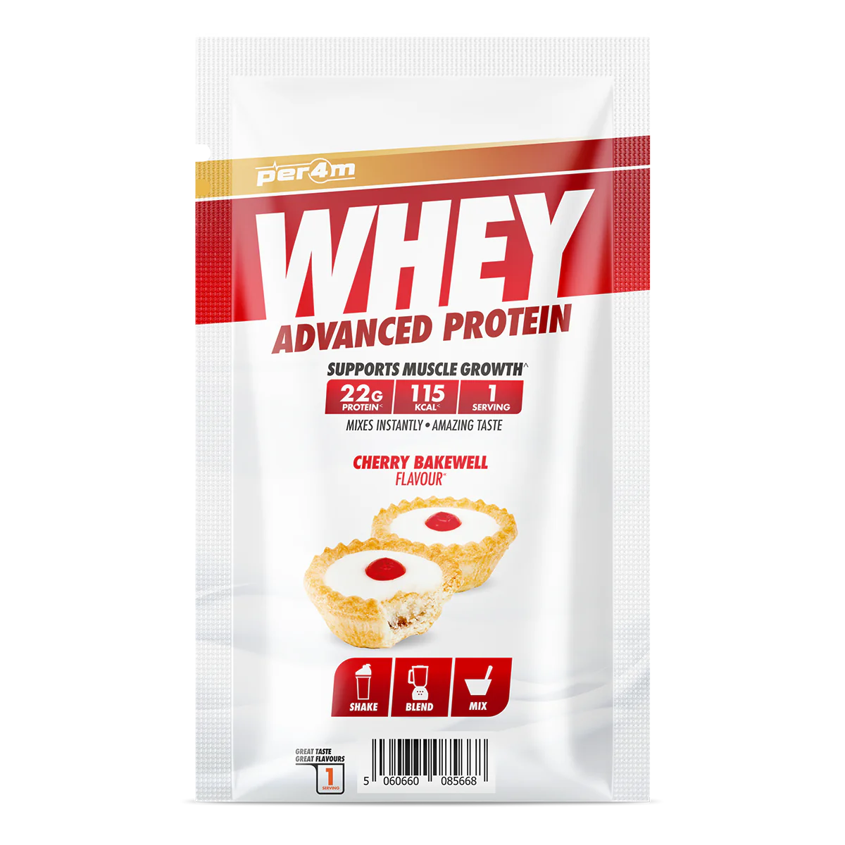 PER4M Advanced Whey Protein sample sachet Cherry Bakewell flavour 30g