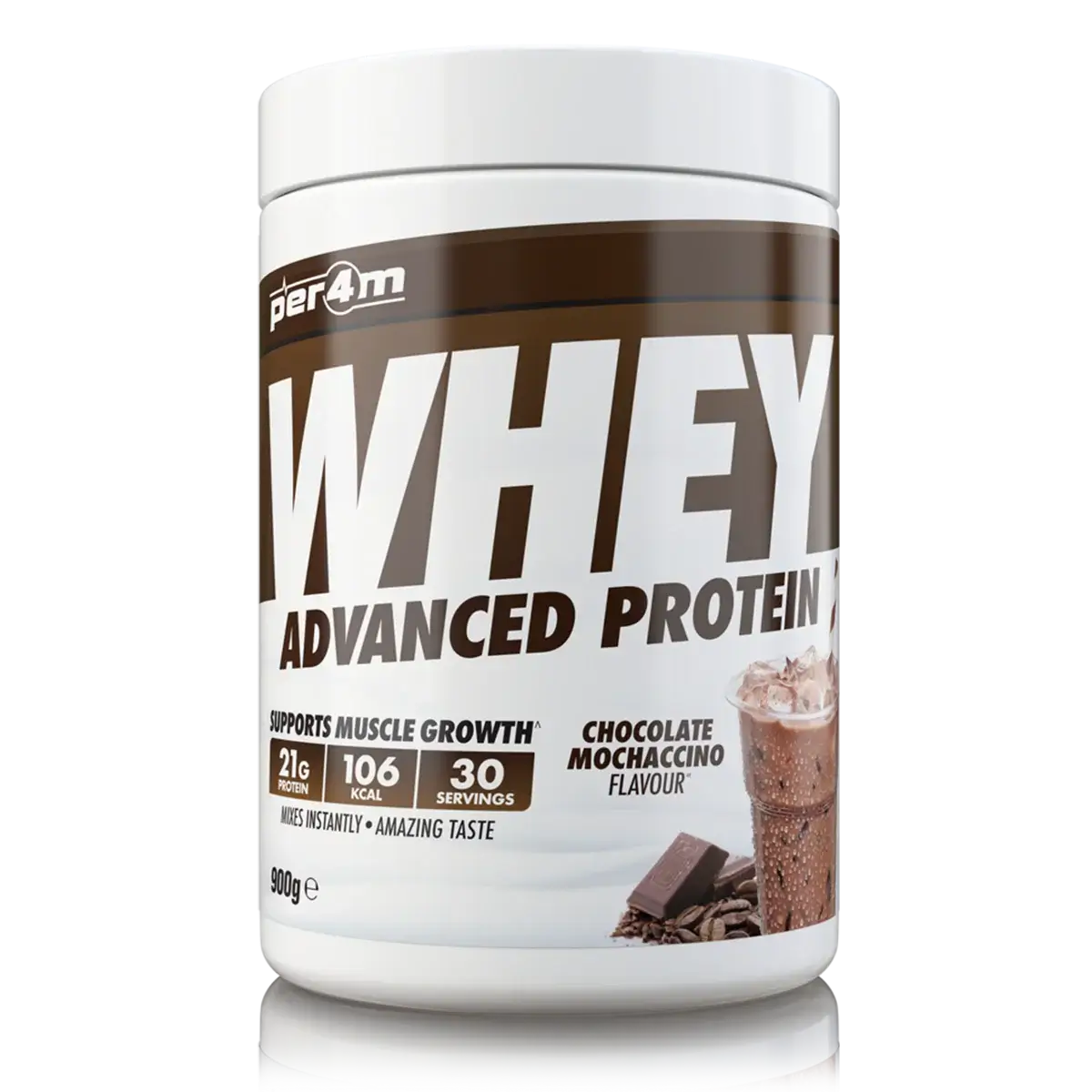 PER4M Whey Protein 900g tub, chocolate mochaccino flavor, supports muscle growth with 21g protein per serving.