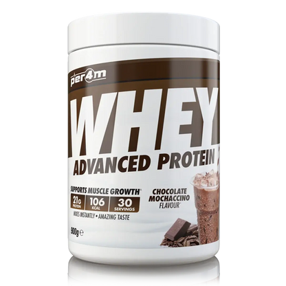 PER4M Whey Protein 900g tub, chocolate mochaccino flavor, supports muscle growth with 21g protein per serving.