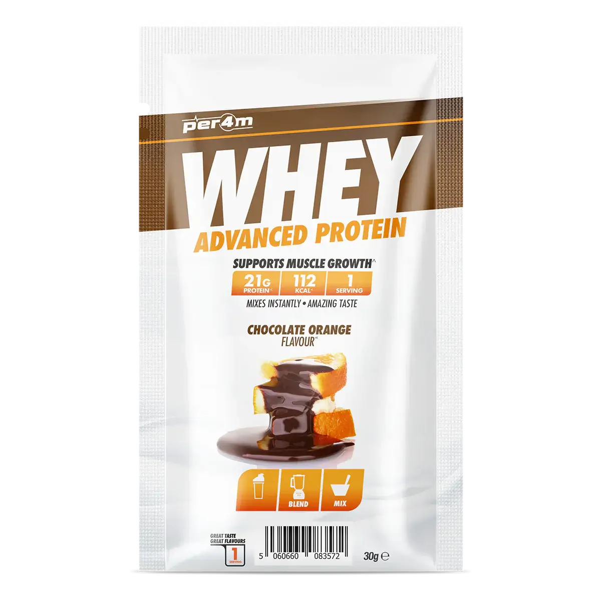 PER4M Whey Protein sample sachet in Chocolate Orange flavour, supports muscle growth with 21g protein per serving.