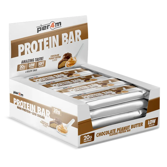 PER4M Protein Bars display featuring Chocolate Peanut Butter flavor with 20g protein and low sugar, perfect for a nutritious snack.