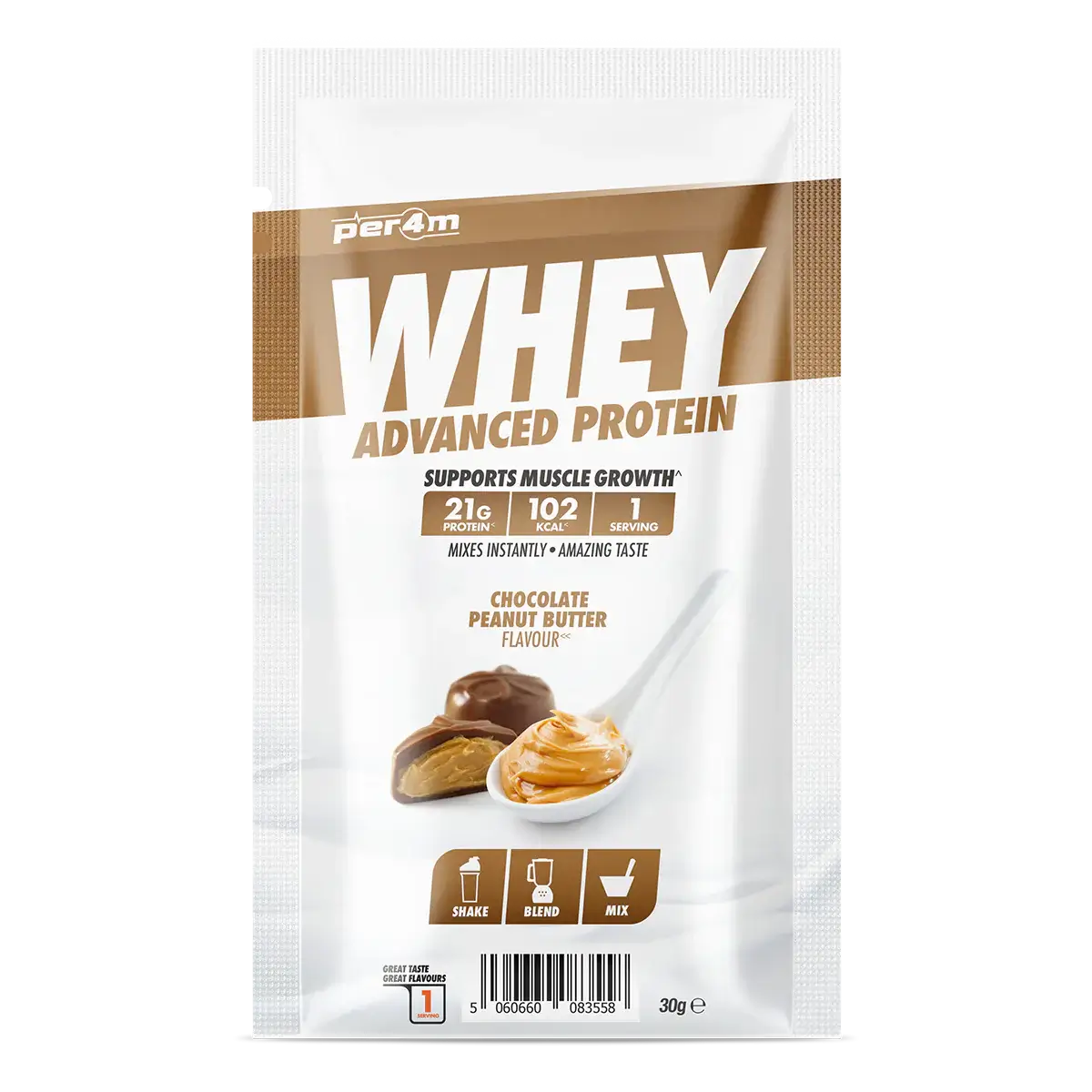 PER4M Whey Protein sample sachet in Chocolate Peanut Butter flavour, 21g protein, supports muscle growth.