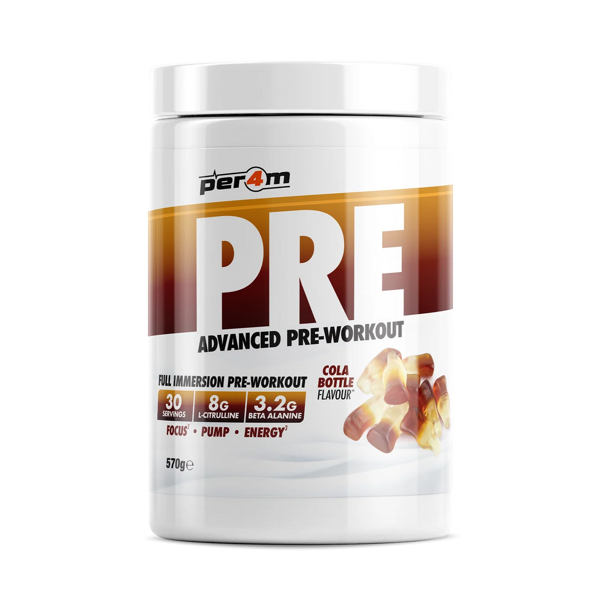 Per4m PRE advanced pre workout supplement in cola bottle flavor, supporting energy, focus, and performance.