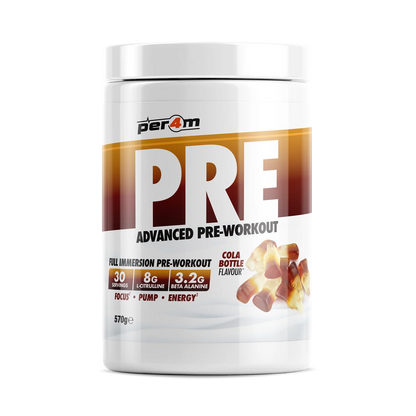 Per4m PRE advanced pre workout supplement in cola bottle flavor, supporting energy, focus, and performance.