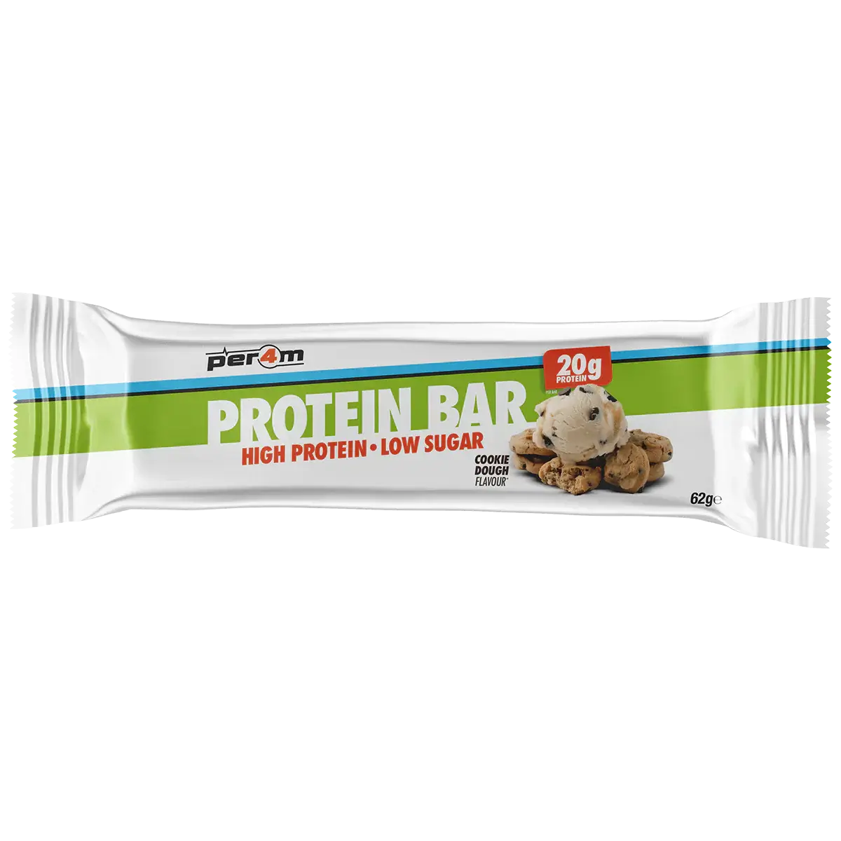PER4M Cookie Dough Protein Bar packaging, featuring 20g of protein and low sugar for a nutritious snack.