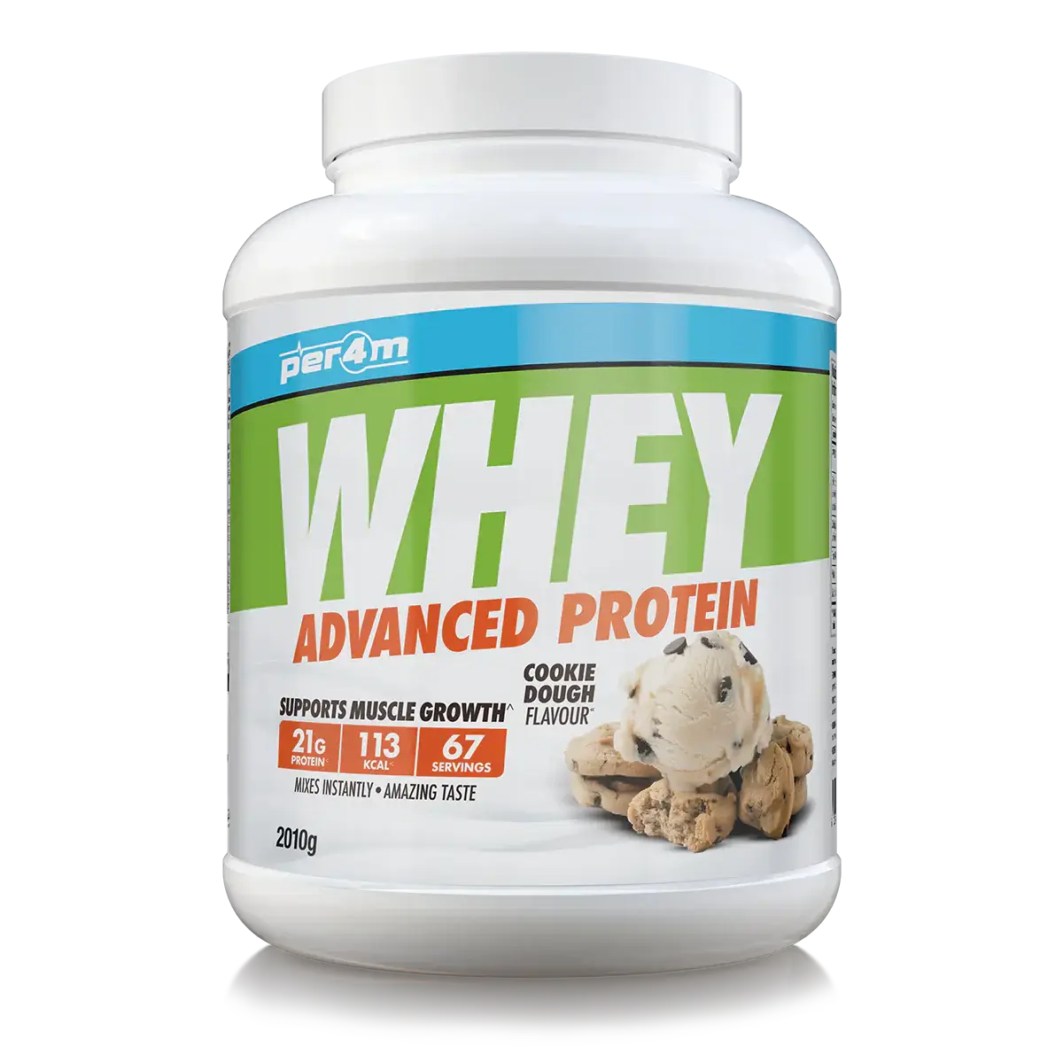 PER4M Whey Protein in cookie dough flavor, featuring 21g protein per serving for muscle growth and recovery.