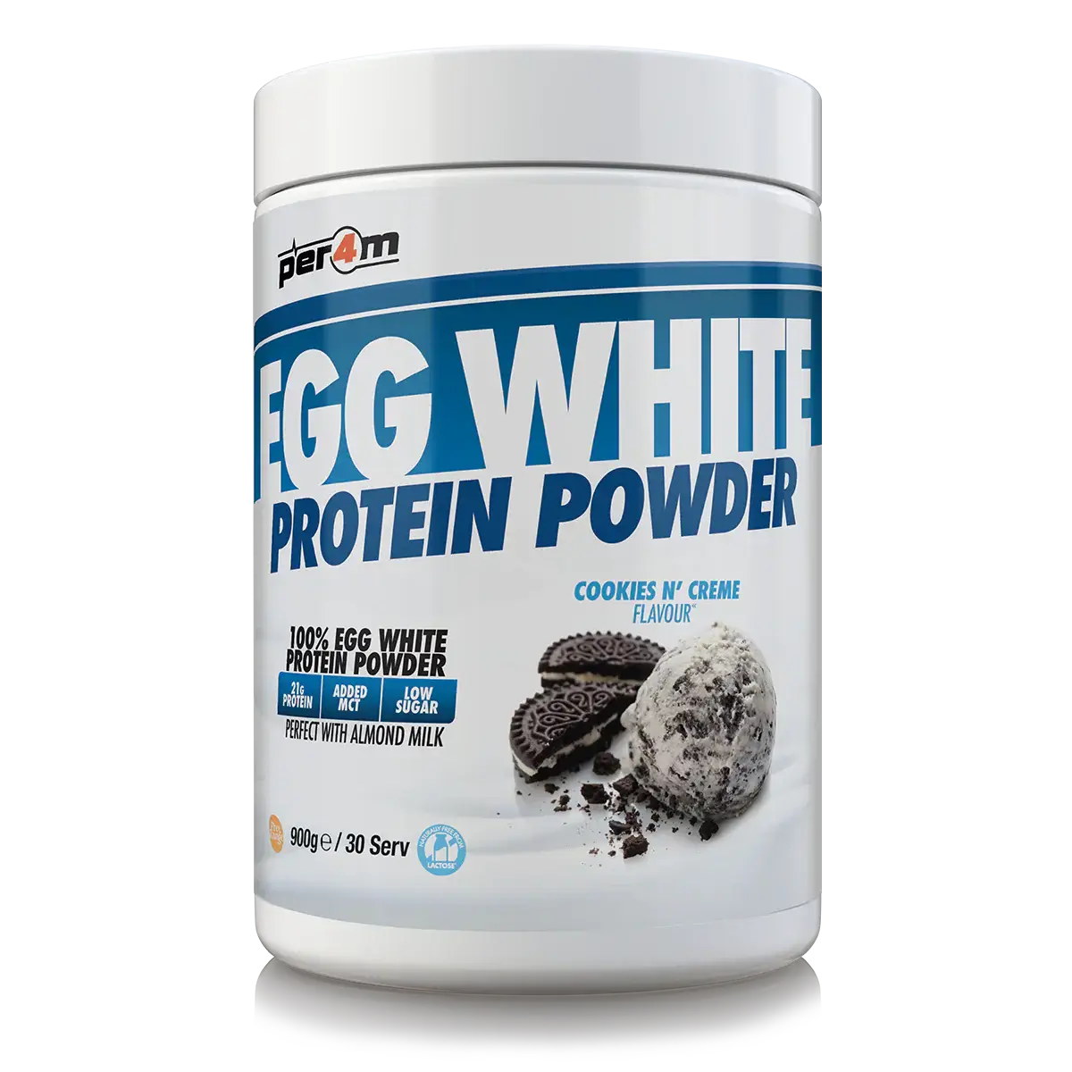 PER4M Egg White Protein Powder 900g Cookies N' Creme flavor - high protein, lactose-free supplement for muscle recovery.