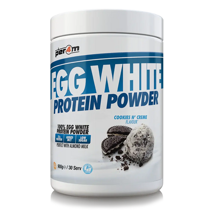 PER4M Egg White Protein Powder 900g Cookies N' Creme flavor - high protein, lactose-free supplement for muscle recovery.