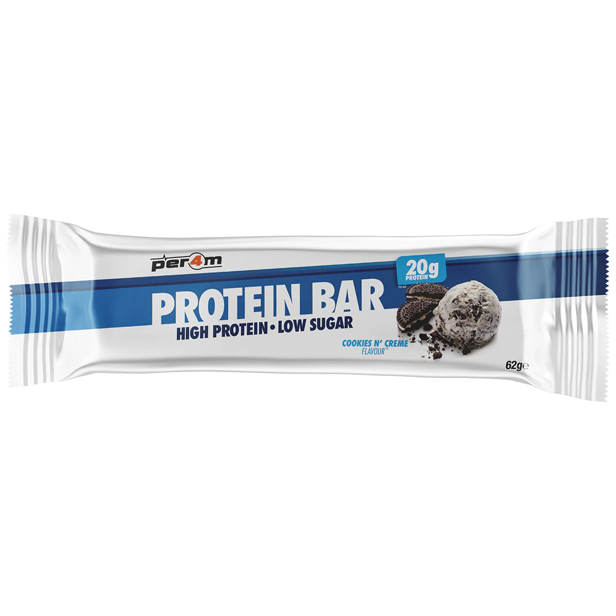 Single PER4M Cookies 'N' Creme protein bar in individual wrapper