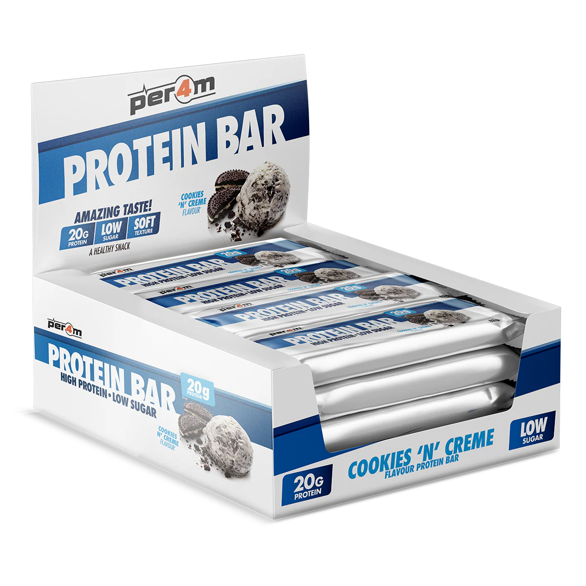 Box of PER4M Cookies 'N' Creme protein bars displayed in retail packaging