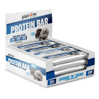 Box of PER4M Cookies 'N' Creme protein bars displayed in retail packaging