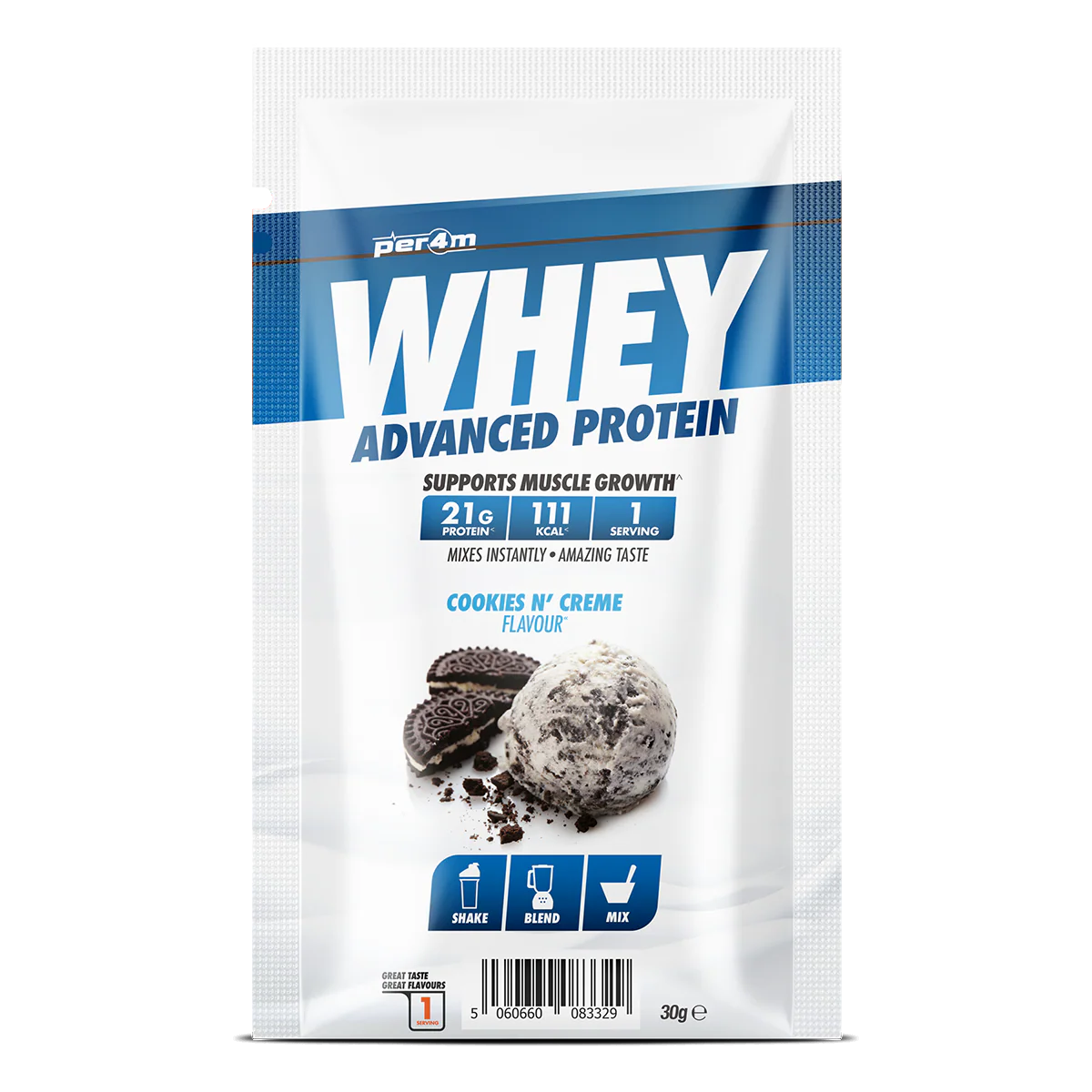 PER4M Advanced Whey Protein sample sachet Cookies n Creme flavour 30g