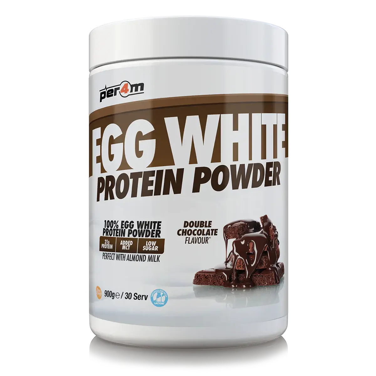PER4M Egg White Protein Powder 900g in Double Chocolate flavor, low sugar and perfect for almond milk.