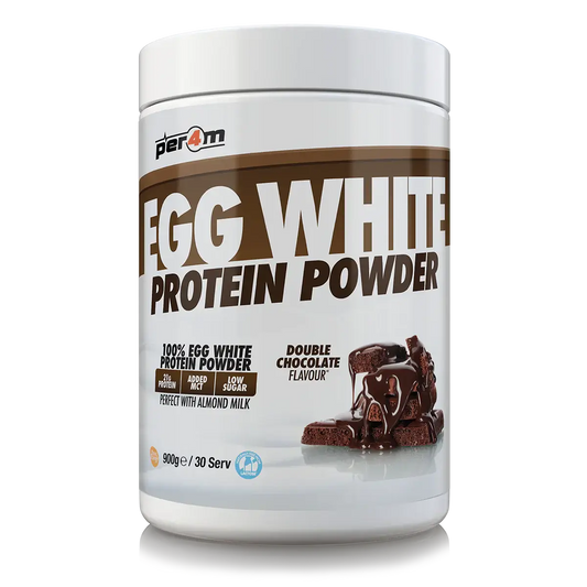 PER4M Egg White Protein Powder 900g in Double Chocolate flavor, low sugar and perfect for almond milk.