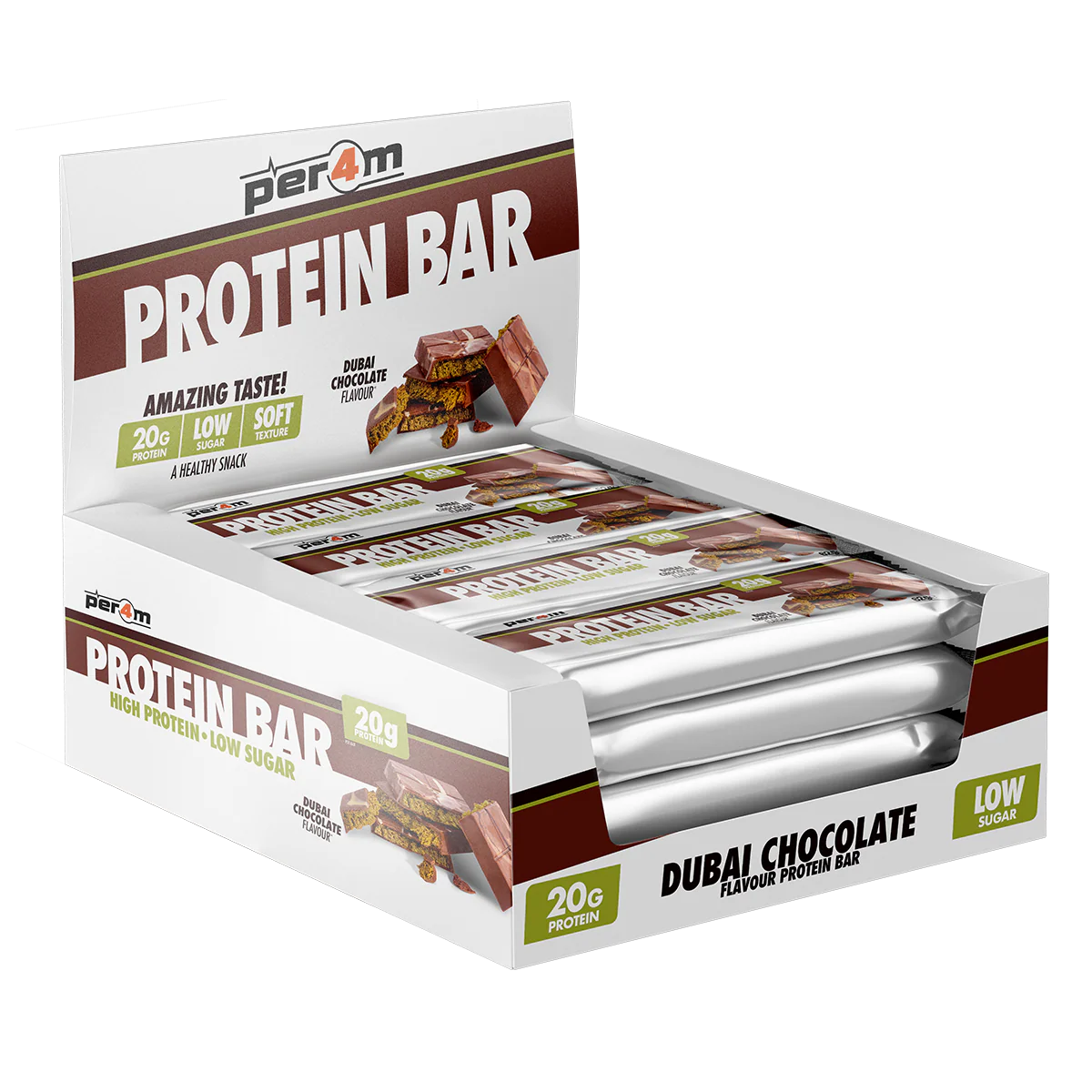 Box of PER4M Dubai Chocolate protein bars displayed in retail packaging