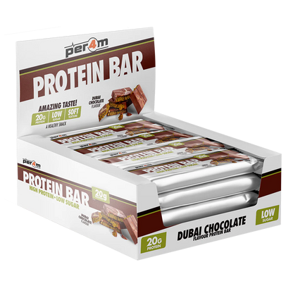 Box of PER4M Dubai Chocolate protein bars displayed in retail packaging