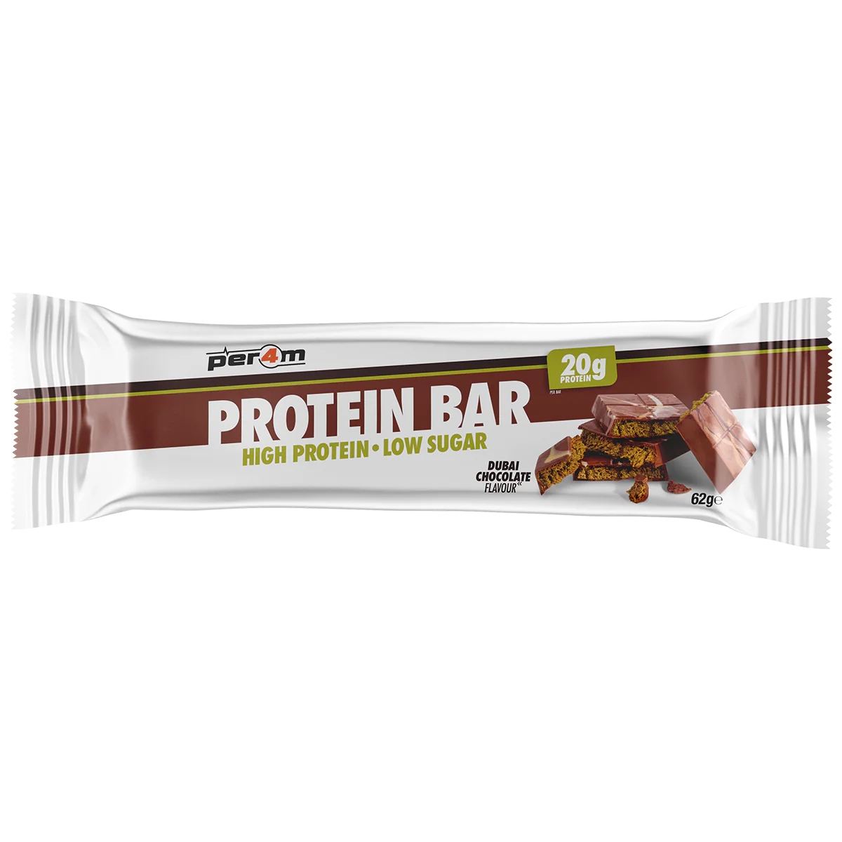 Single PER4M Dubai Chocolate protein bar in individual wrapper