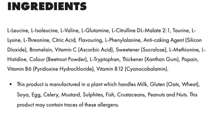 Ingredients list for PER4M EAA XTRA essential amino acids supplement
