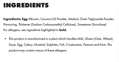 Ingredients and allergen information for Per4m egg white protein powder