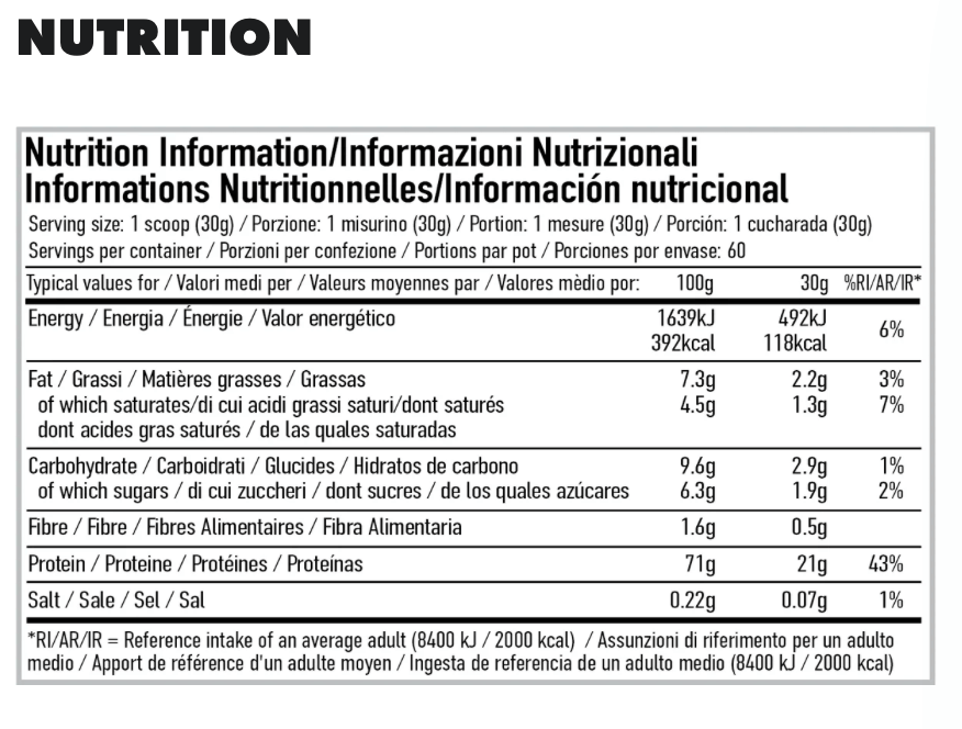 Nutrition information table for Per4m egg white protein powder per 30g serving