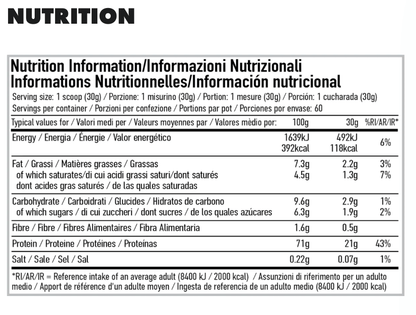 Nutrition information table for Per4m egg white protein powder per 30g serving