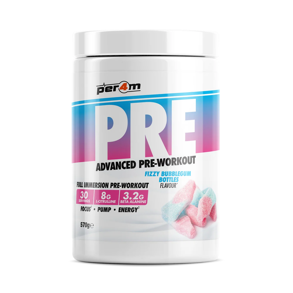 Per4m PRE advanced pre workout supplement in fizzy bubblegum bottles flavor, supporting energy, focus, and performance.
