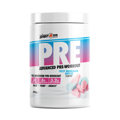 Per4m PRE advanced pre workout supplement in fizzy bubblegum bottles flavor, supporting energy, focus, and performance.