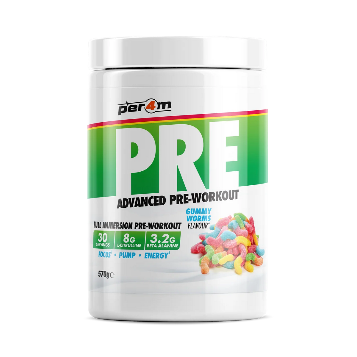 Per4m PRE advanced pre workout supplement in gummy worms flavor, supporting energy, focus, and performance.