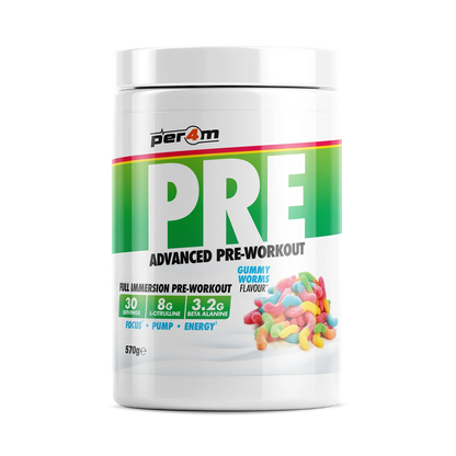 Per4m PRE advanced pre workout supplement in gummy worms flavor, supporting energy, focus, and performance.