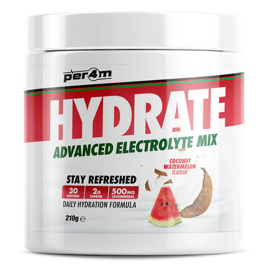 Per4m Hydrate advanced electrolyte mix in coconut watermelon flavor, supporting daily hydration and electrolyte balance.