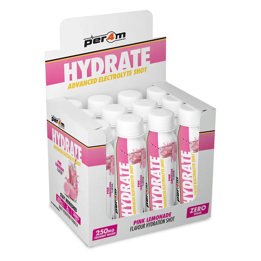 PER4M Hydrate Advanced Electrolyte Shots display box with Pink Lemonade flavor, showing multiple bottles for hydration support.