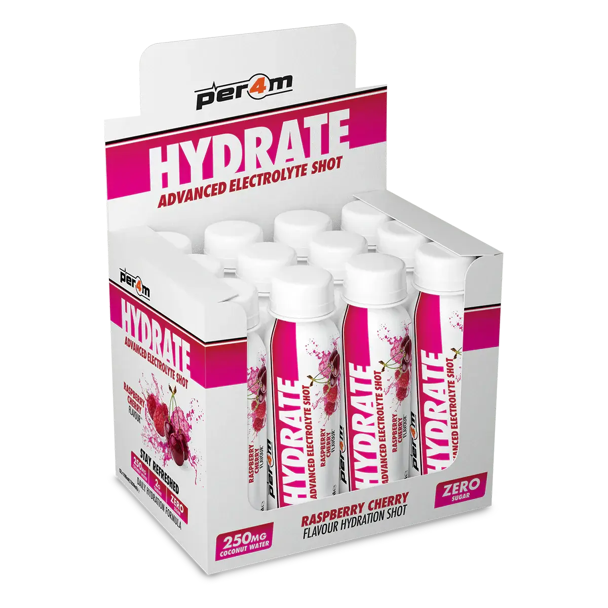 PER4M Hydrate Advanced Electrolyte Shot in Raspberry Cherry flavor, packed for hydration and performance support.