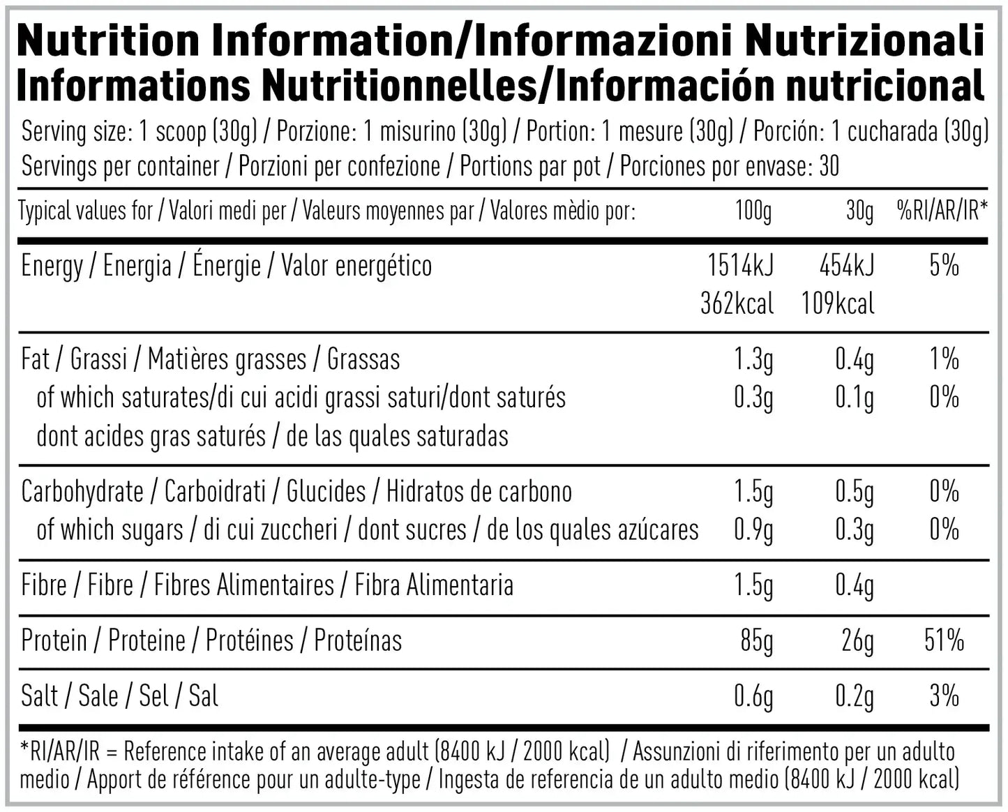 Per4m Isolate Zero nutrition information panel