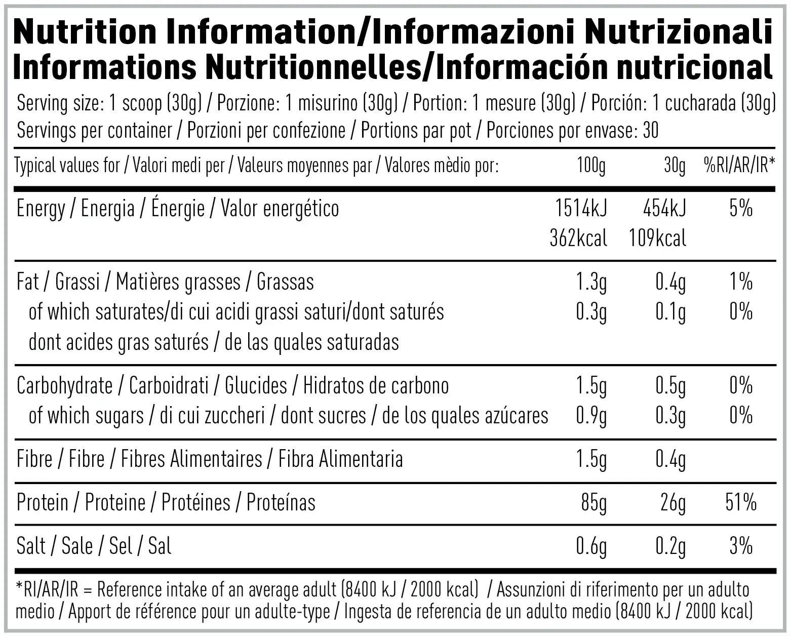 Per4m Isolate Zero nutrition information panel