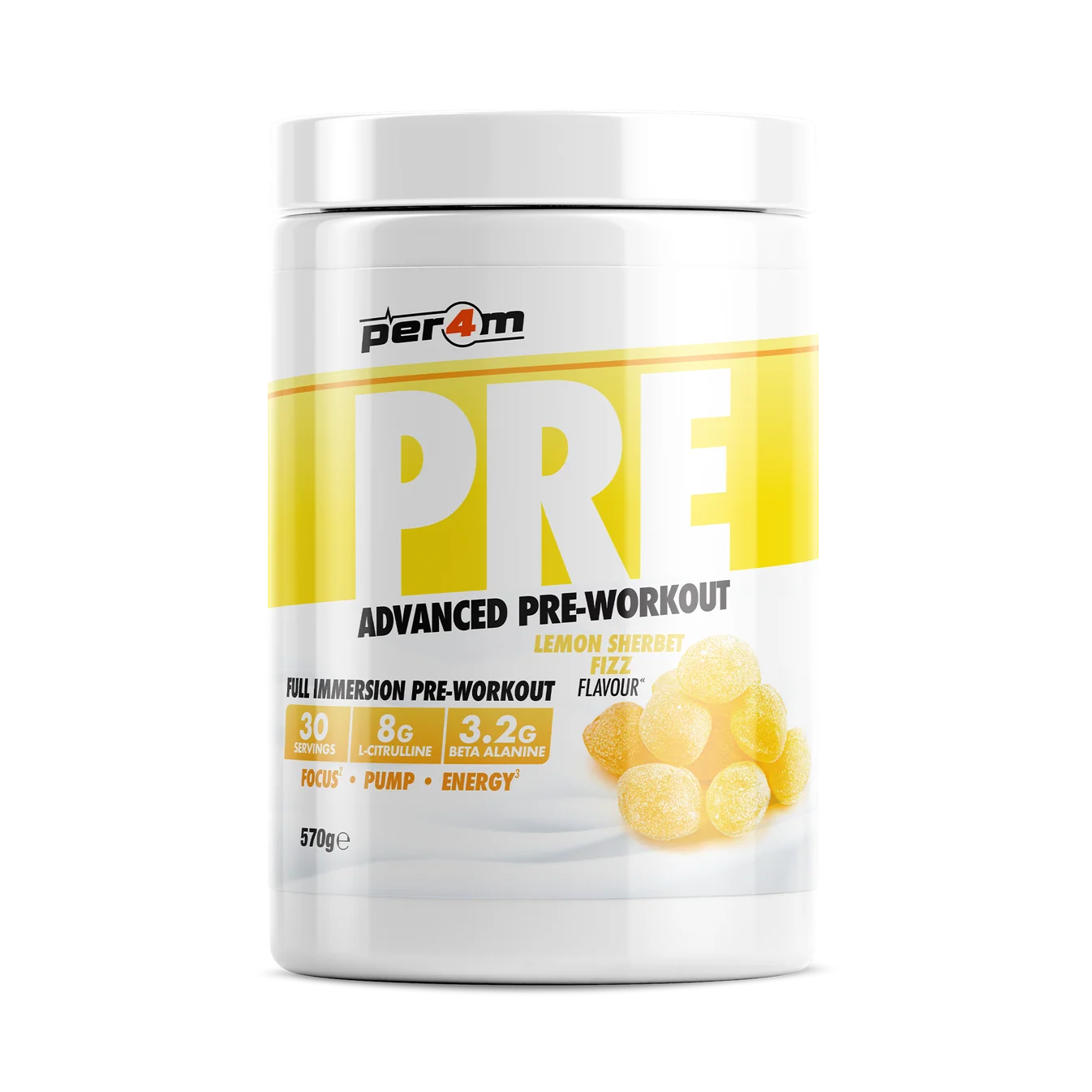 Per4m PRE advanced pre workout supplement in lemon sherbet fizz flavor, supporting energy, focus, and performance.