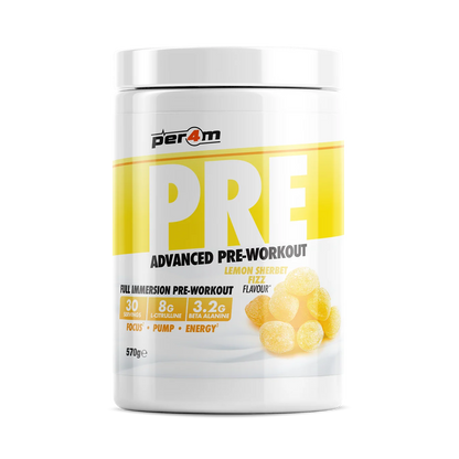 Per4m PRE advanced pre workout supplement in lemon sherbet fizz flavor, supporting energy, focus, and performance.