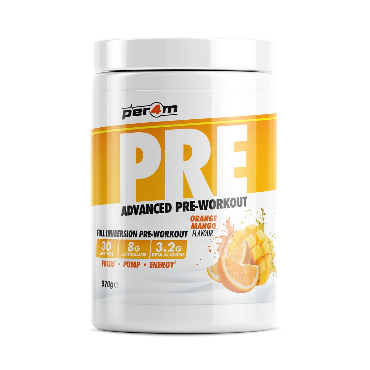 Per4m PRE advanced pre workout supplement in orange mango flavor, supporting energy, focus, and performance.
