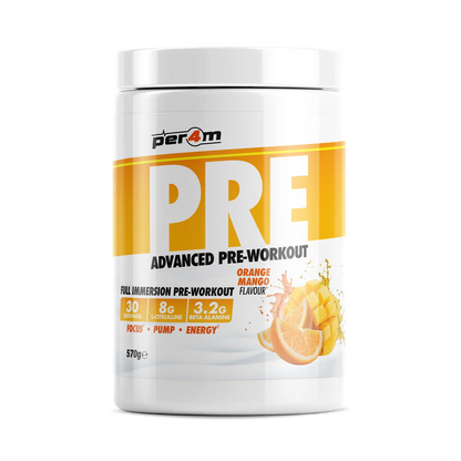 Per4m PRE advanced pre workout supplement in orange mango flavor, supporting energy, focus, and performance.