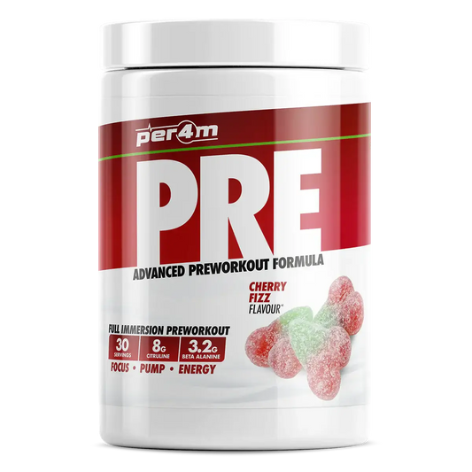 Per4m PRE advanced pre workout supplement in cherry fizz flavor, supporting energy, focus, and performance.