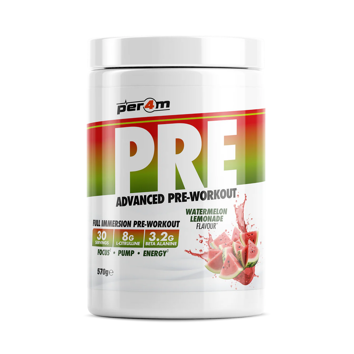 Per4m PRE advanced pre workout supplement in watermelon lemonade flavor, supporting energy, focus, and performance.