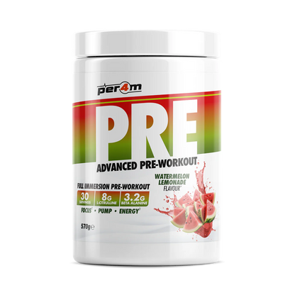 Per4m PRE advanced pre workout supplement in watermelon lemonade flavor, supporting energy, focus, and performance.
