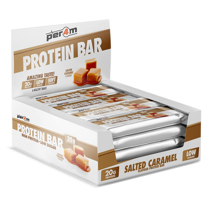 Box of PER4M Salted Caramel protein bars displayed in retail packaging