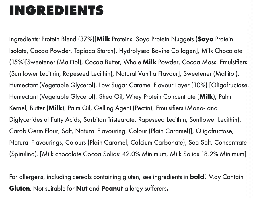 Ingredients list for PER4M protein bars including protein blend, chocolate components, sweeteners, and allergen information