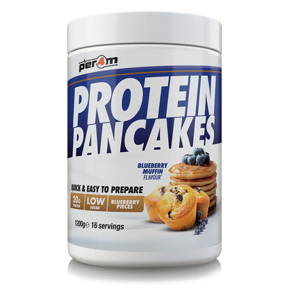 Per4m Protein Pancakes in Blueberry Muffin flavor, featuring 20g protein and low sugar, quick and easy to prepare.
