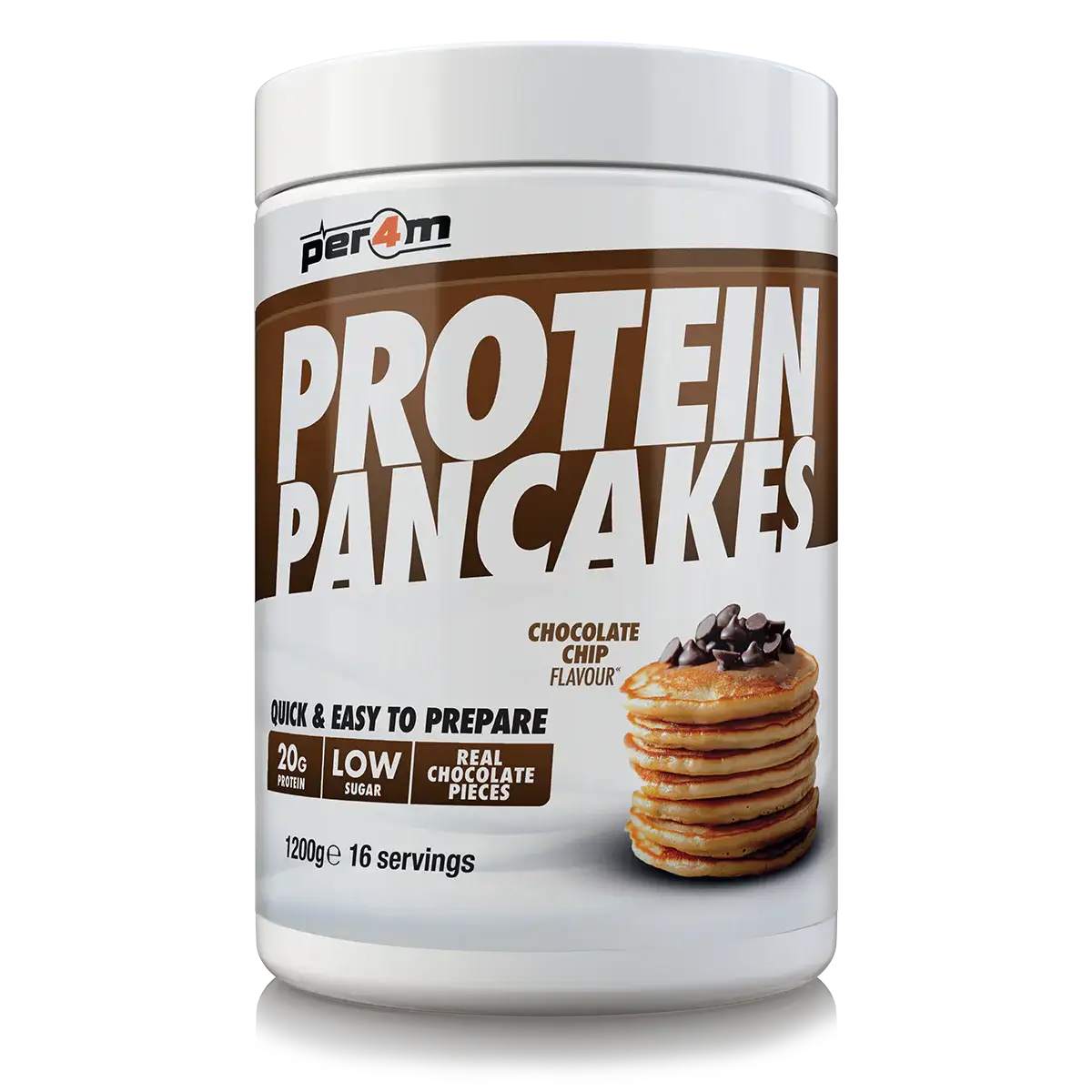 Per4m Protein Pancakes chocolate chip flavor in a container, 20g protein, low sugar, easy to prepare, real chocolate pieces.