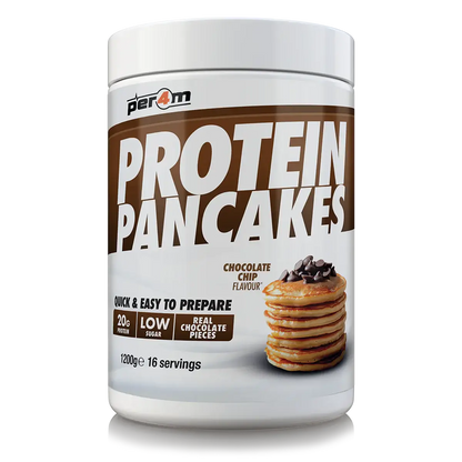 Per4m Protein Pancakes chocolate chip flavor in a container, 20g protein, low sugar, easy to prepare, real chocolate pieces.