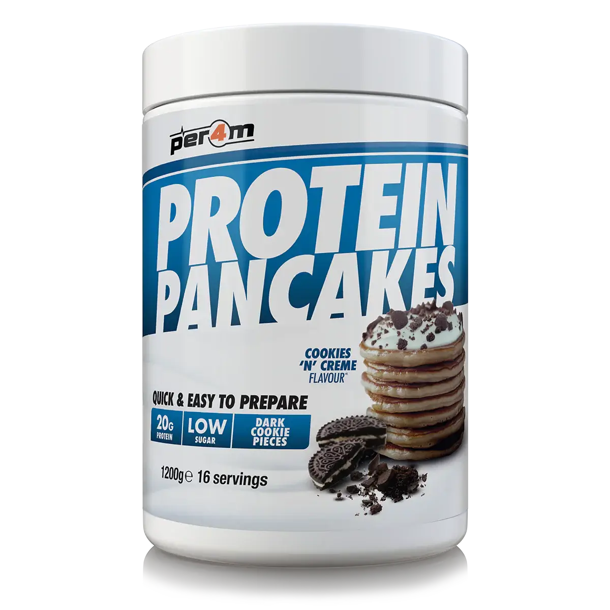 Per4m Protein Pancakes jar featuring cookies 'n' creme flavor with 20g protein and low sugar, 16 servings.